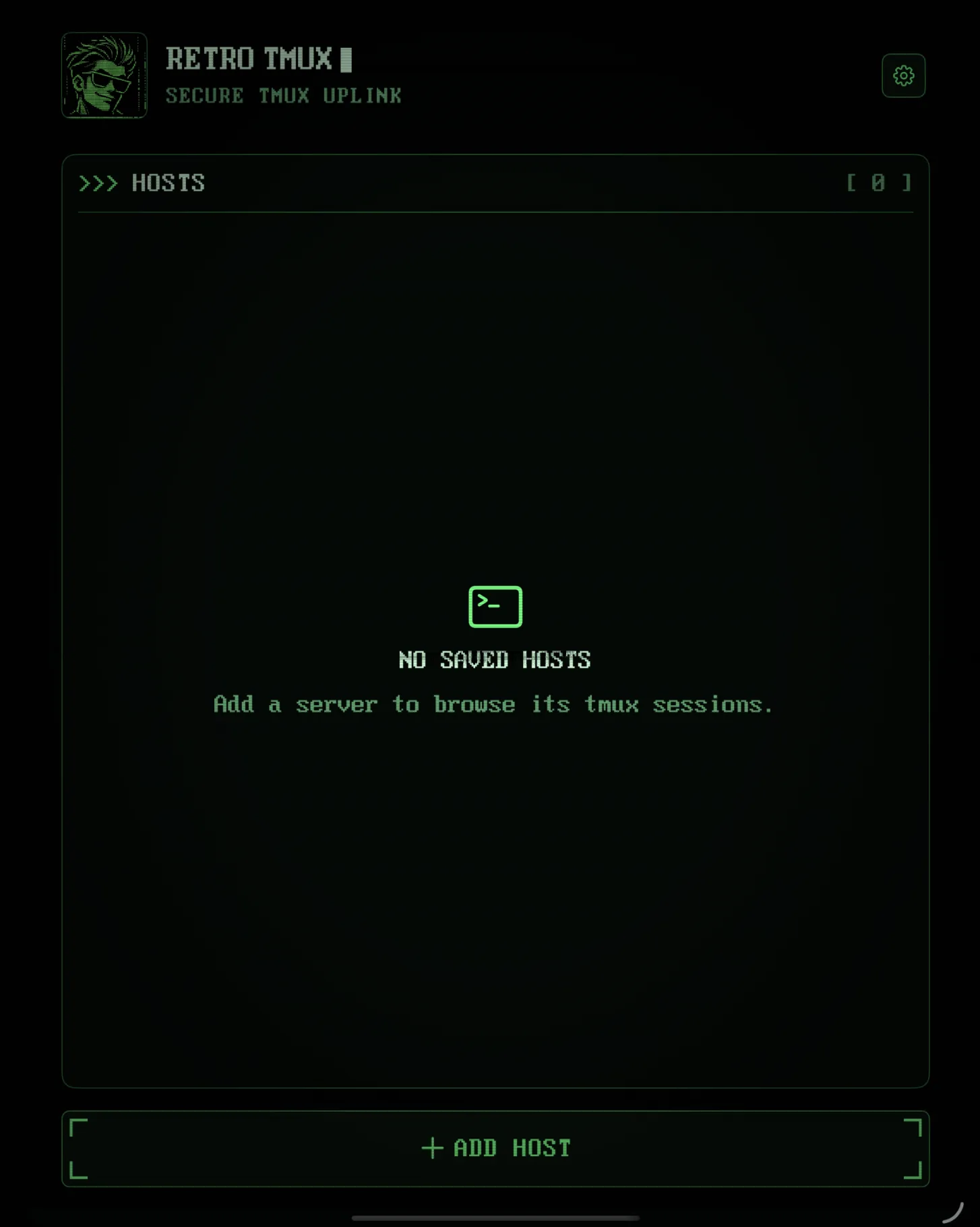RETRO TMUX on iPad: the hosts screen, no saved hosts yet