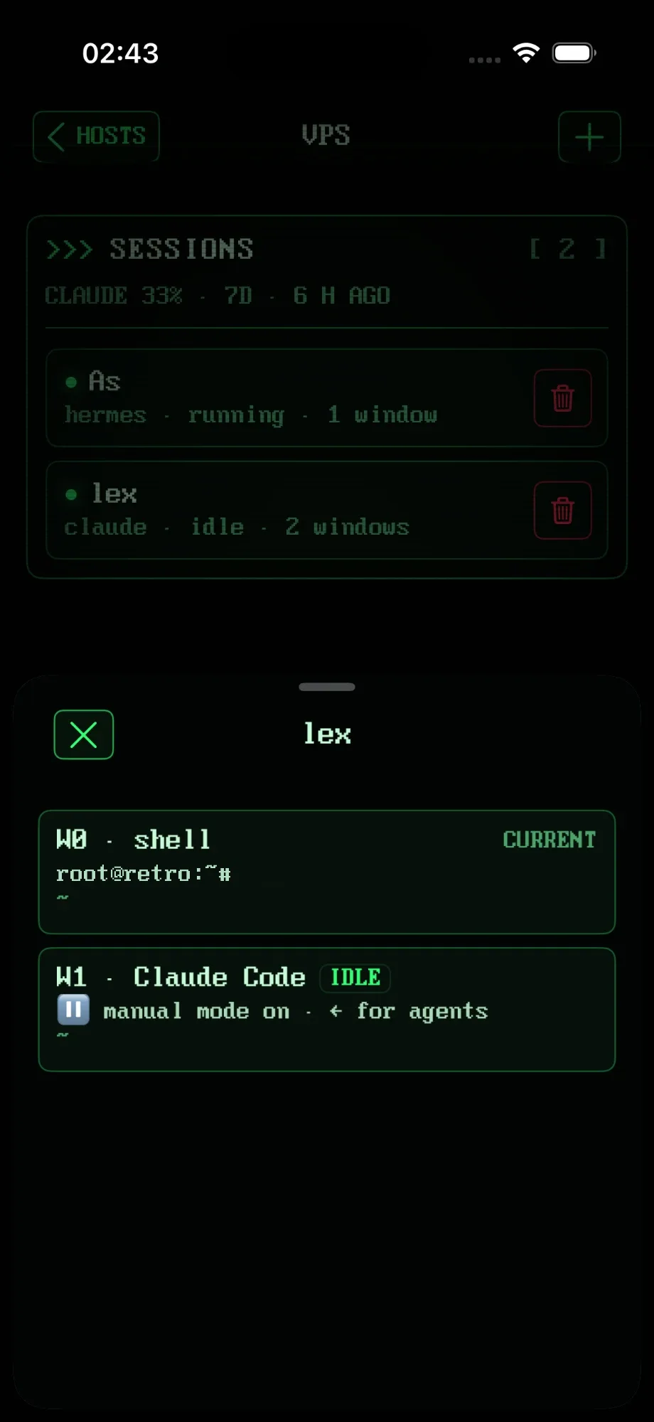 RETRO TMUX on iPhone: two tmux sessions, one running Hermes and one running Claude, with the window picker open